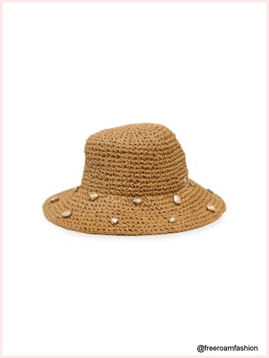 Rhinestone Bucket Hat Lightweight Straw Breathable Wide Brim